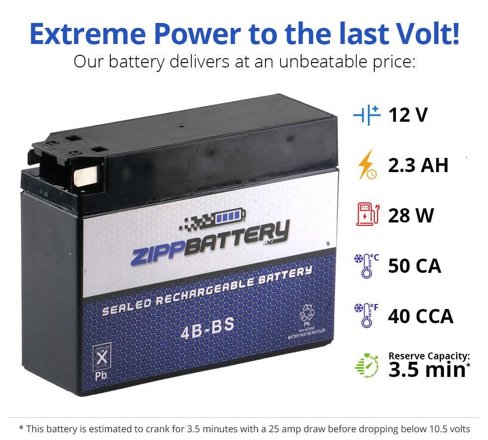 Zipp Battery YTX4B-BS Maintenance-Free 12V 2Ah Battery Replacement for ATV, Motorcycle, Jet Skis, Scooter, UTV, and More