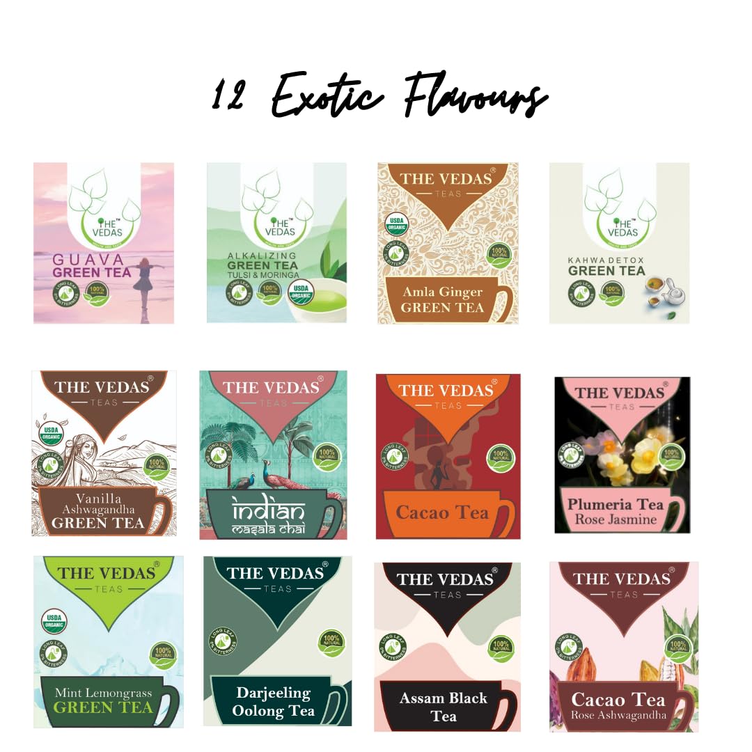 The Vedas Book of Tea Collection | Assorted Tea Bags | Mother's Day Gift Set | 12 Exotic Herbal Blends | 4 Units Each, Total 48 | Best for Corporate Gifting | Gift Hamper