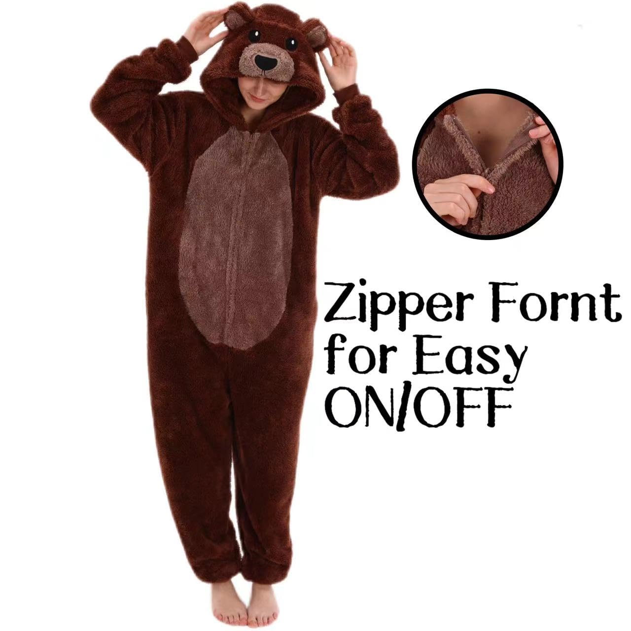 COSUSKET Snug Fit Unisex Adult Onesie Pajamas, Sherpa Bear Cosplay Animal One Piece Halloween Costume Sleepwear Homewear