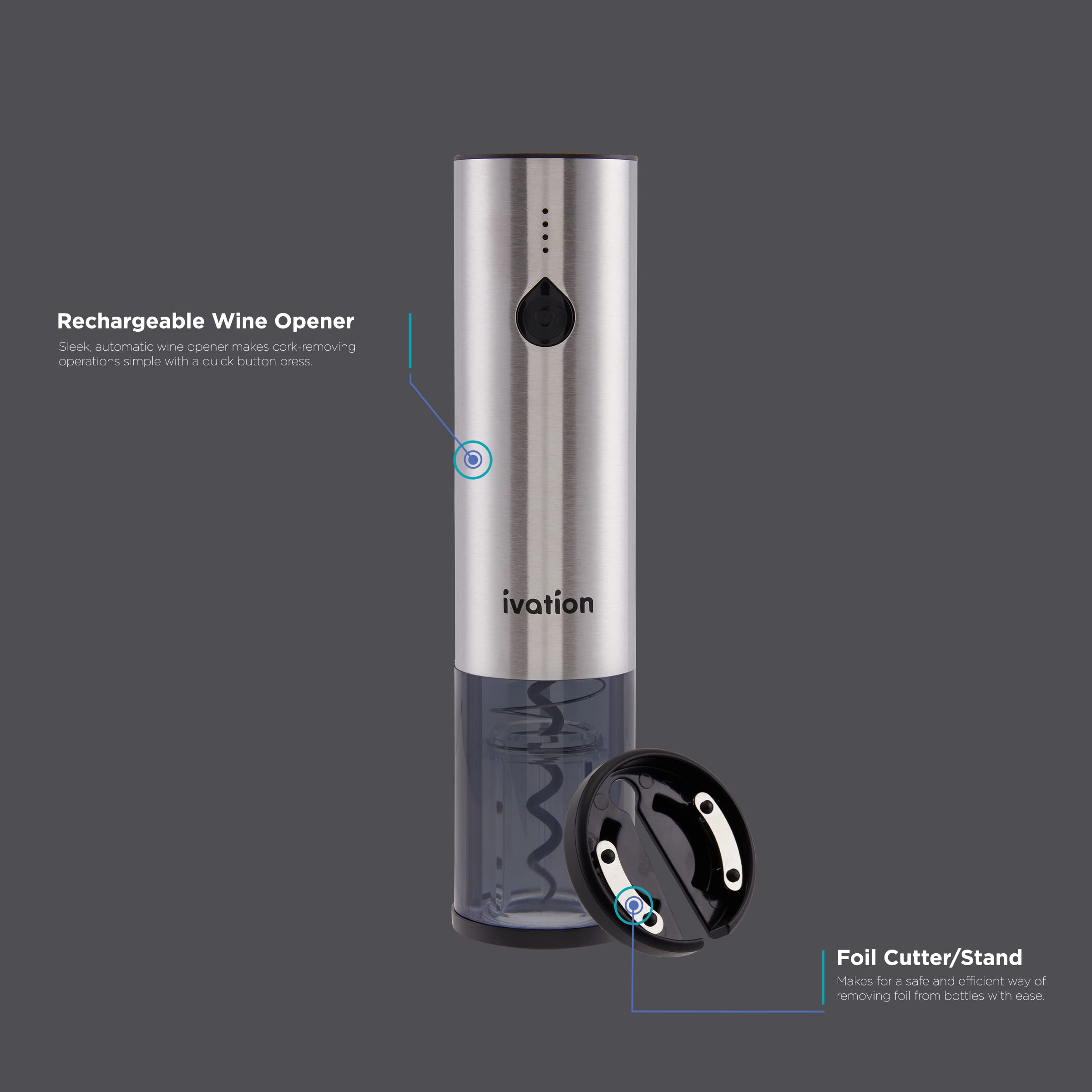 Ivation Rechargeable Automatic Wine Opener | Electric Cork Extractor Tool with Lithium Battery, LED Lights, USB Charging Cable, Bonus Foil Cutter & Elegant Gift Box | Uncorks 50 Bottles Per Charge