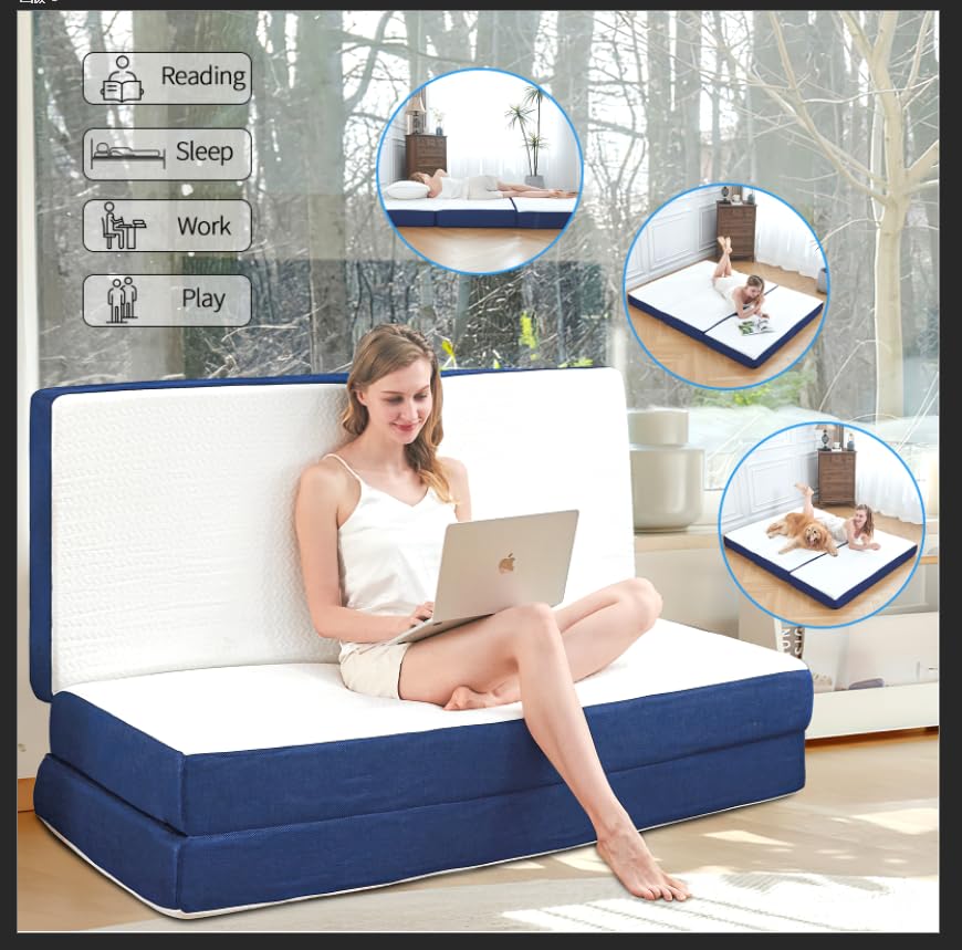 CYMULA Folding Mattress Full Size,4 inch Memory Foam Tri Fold Mattress,Portable Folding Mattress with Washable Cover, Foldable Mattress Topper Full Camping,Guest (52"×73"×4")