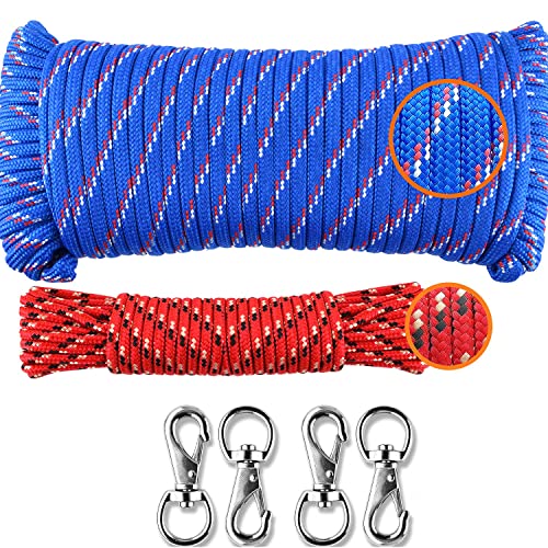 Wellmax Diamond Braided Nylon Rope with Uv Treatment and Weather Resistant, 2 Pack 1/4 Inch X 100ft, 3/16" X 25ft Multi-Color with 4 Bonus Quick Links