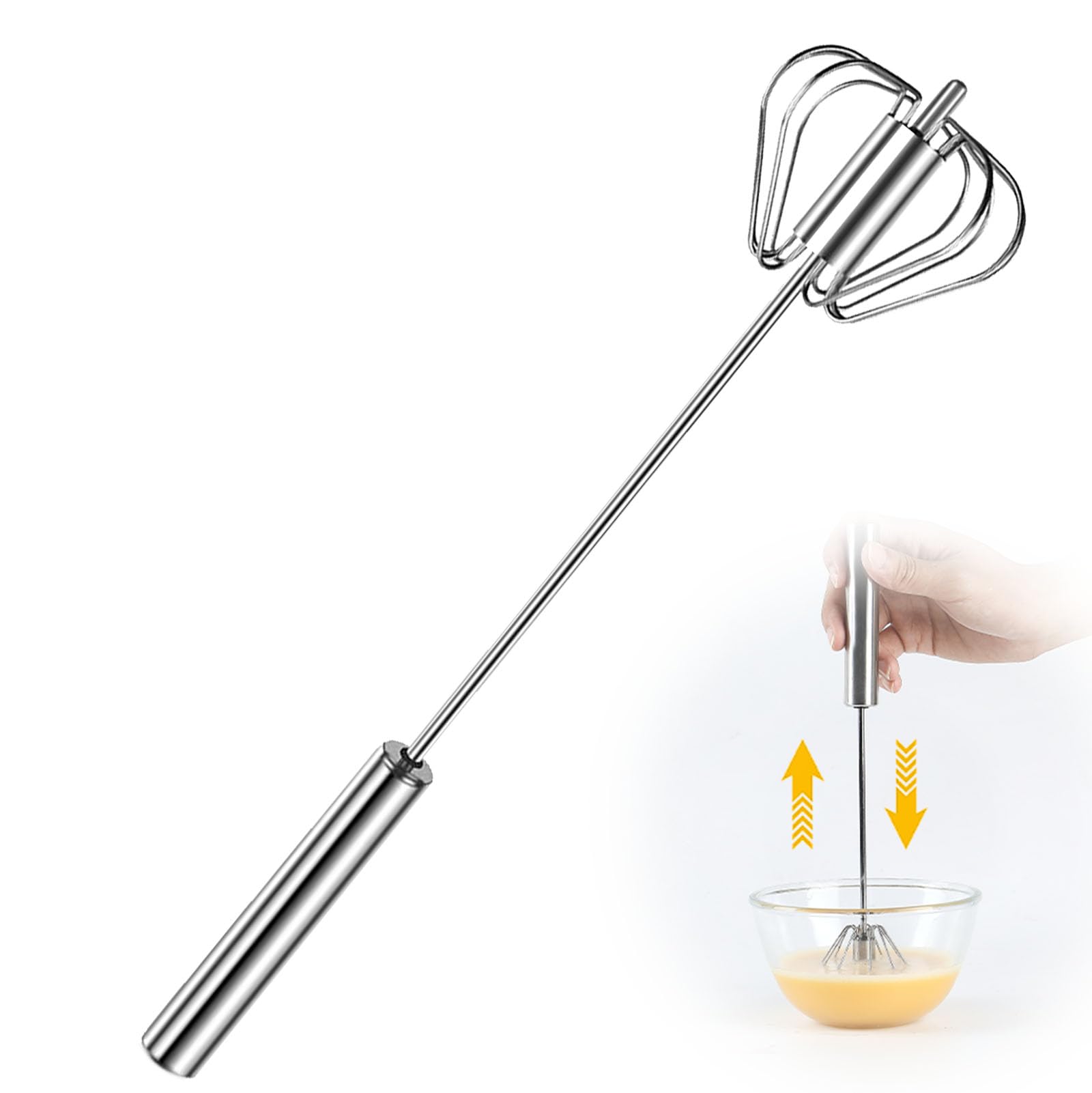 Stainless Steel Semi-Automatic Whisk, 2026 New Stainless Steel Egg Whisk Hand Push Rotary Whisk Blender, Hand Push Mixer Stirrer Tool for Cooking Kitchen Home Egg Milk (10in)