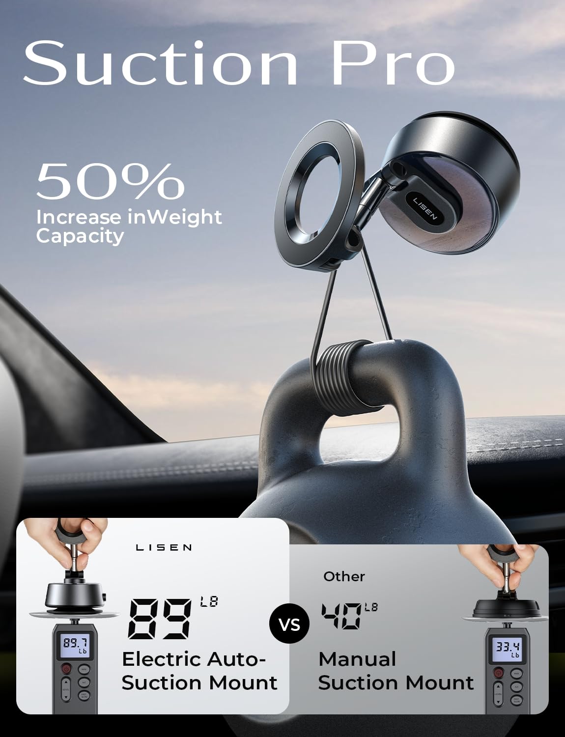 LISEN SuctionPro Phone Holder for Car【Auto Vacuum】Electric Vacuum Magnetic Phone Mount, Suction Cup Phone Mount 360° Adjustable Car Accessories Magsafe Car Mount for iPhone 17 Pro Max Air 16 15 14 13