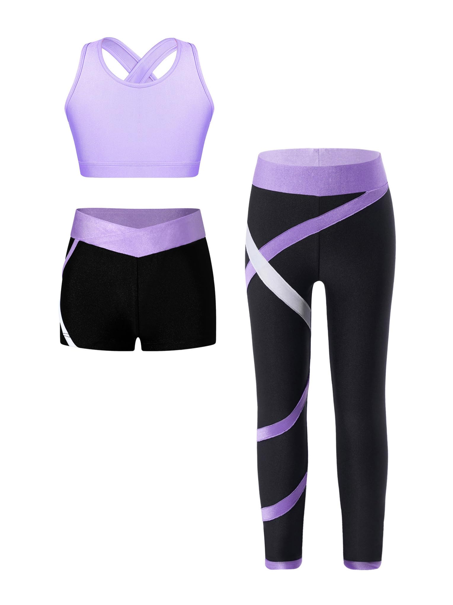 Hansber Kids Girla Dance Outfits Crop Top with Shorts Leggings 3 Pieces Outfits for Gymnastics Yoga Dancing Lavender 14 Years