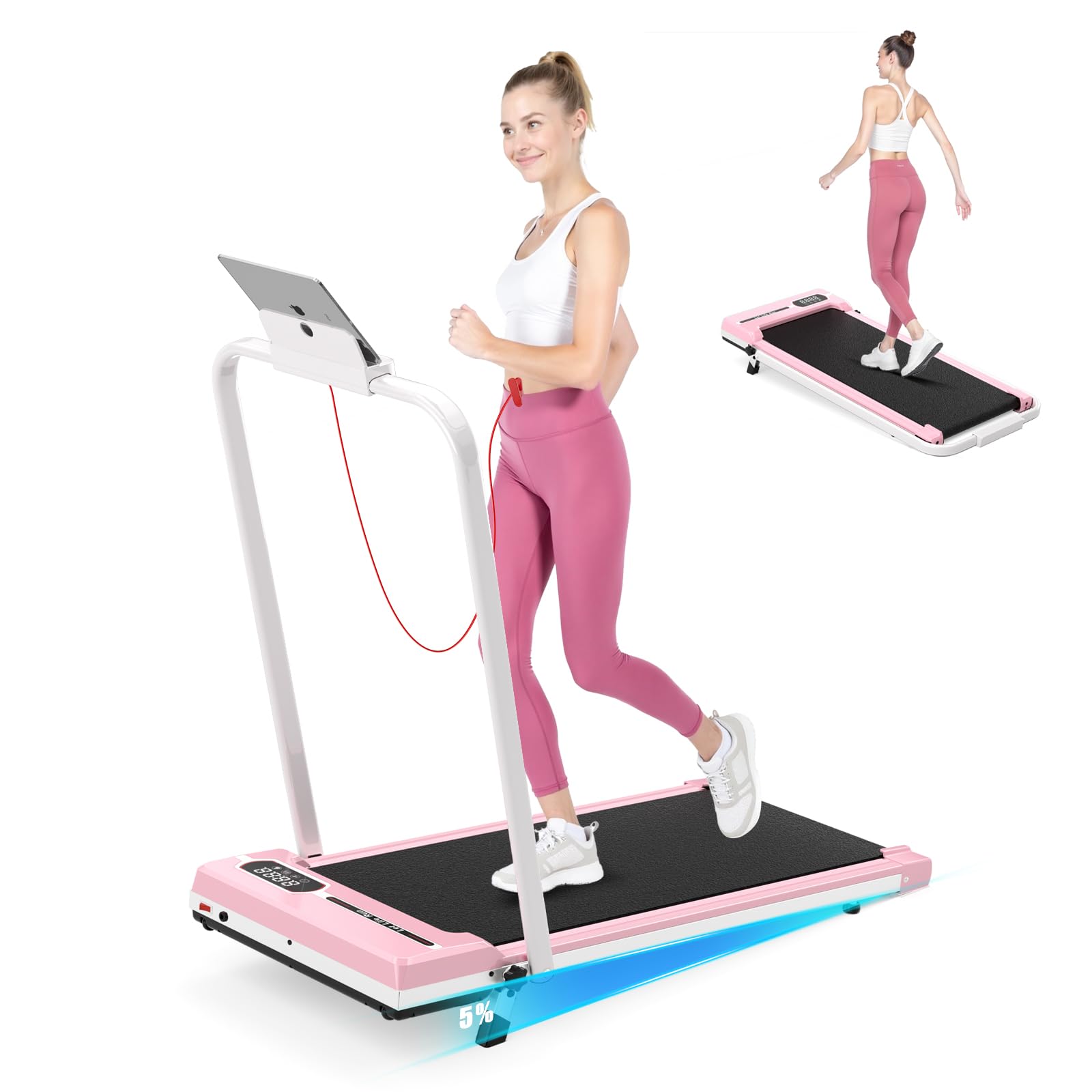 Incline Walking Pad with Handle Bar, Foldable Portable Under Desk Treadmill for Home Office, Ultra Quiet <45dB, Safety Lock, 300+ LB Capacity, Pink