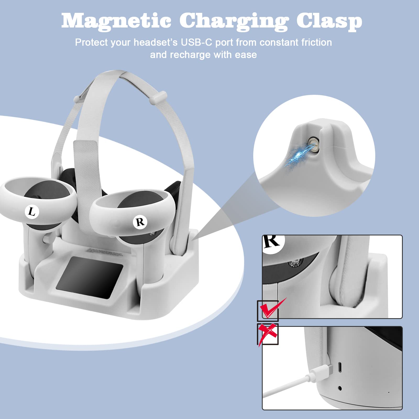 VR Charging Station for Oculus/Meta Quest 2, Charging Dock Stand Set with 2 Rechargeable Batteries, Magnetic Charging Headset and Touch Charging Controller, USB-C Charger Cable