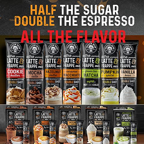 The Frozen Bean - Caramel Macchiato Frappe & Latte Instant Mix with Arabica Beans, 2x Caffienne, Low Sugar - for Hot, Iced, or Frappuccino-Style Blended Drinks - (20) 0.53oz Single Serve Sticks
