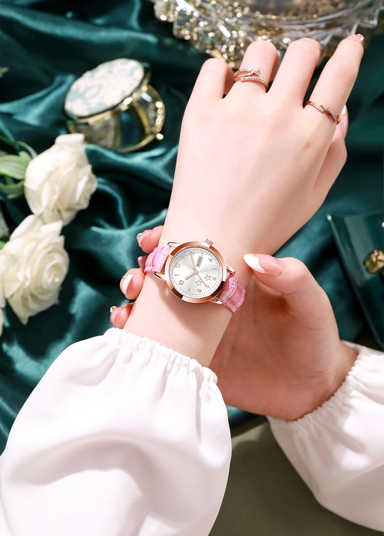Women's Casual Wrist Watch, Leather Band Analog Quartz Ladies Dress Watch with Calendar Date, Classic Gifts for Her (Pink)