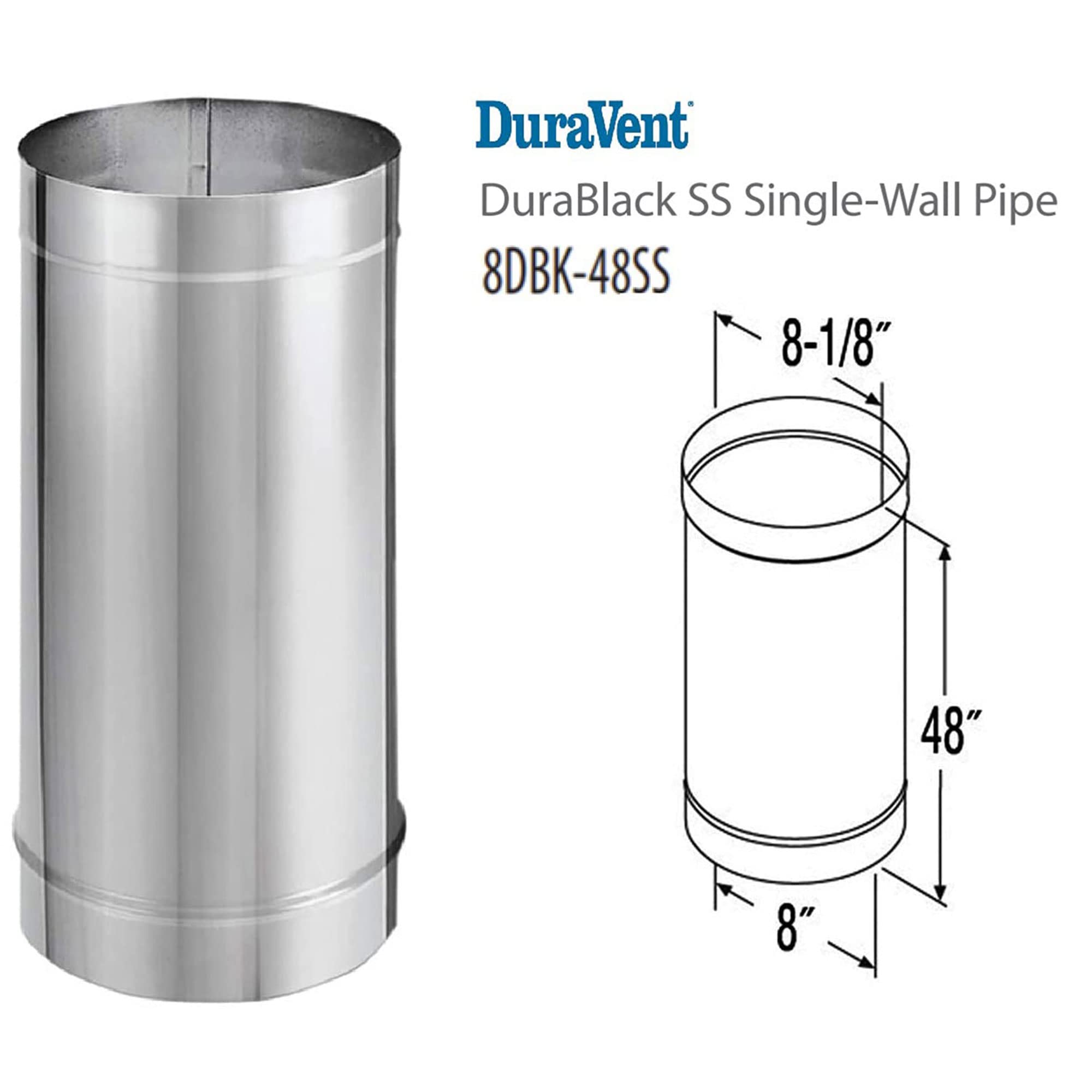 DuraVent DuraBlack 48 x 8 Inch Inner Diameter Stainless Steel Adjustable Single Wall Stove Pipe for Smoke and Exhaust with Lock Seamed Design, Silver