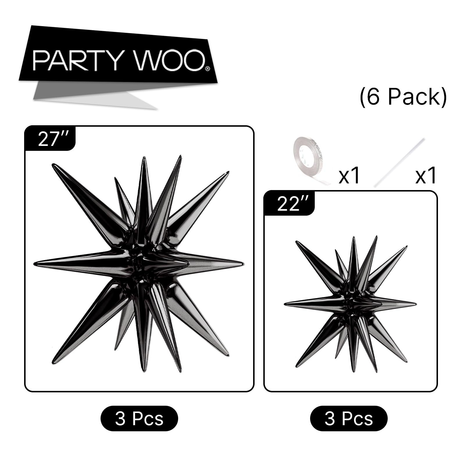 PartyWoo Black Star Foil Balloons 6pcs Different Sizes Pack of 27 22 Inch Large Black Explosion Spike Mylar Balloons for Graduation Birthday Retirement Anniversary Space Theme Party Decorations