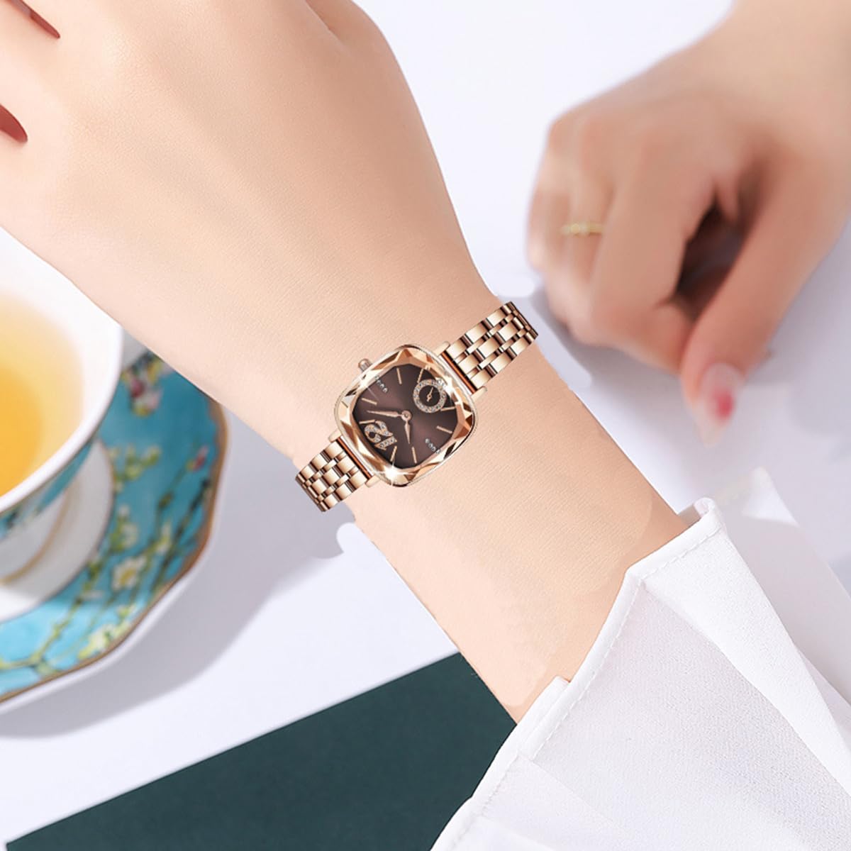 BESTKANG Women's Watch Square Diamond Dress Fashion Steel Belt Waterproof Quartz Wrist Watches for Women (Rose Gold Brown)