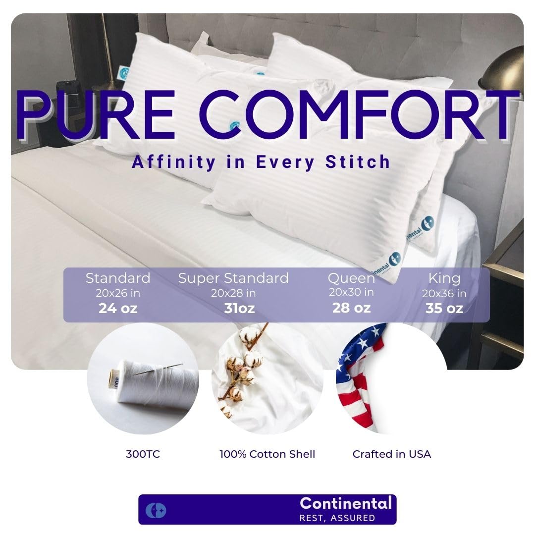 Continental Bedding Affinity Down Alternative Bed Pillow - Standard Size - 100% Soft Cotton Pillow - Pack of 2 - Polyester Pillow for Sleeping
