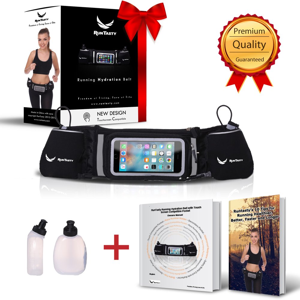 No.1 Hydration Belt by Runtasty - Premium Running Fuel Belt w/2 BPA-Free 10 oz Water Bottles, Tilt-Up Pocket w/Touchscreen-Ready Cover - Fits All iPhones, Runners Ebook & No-Bounce Design