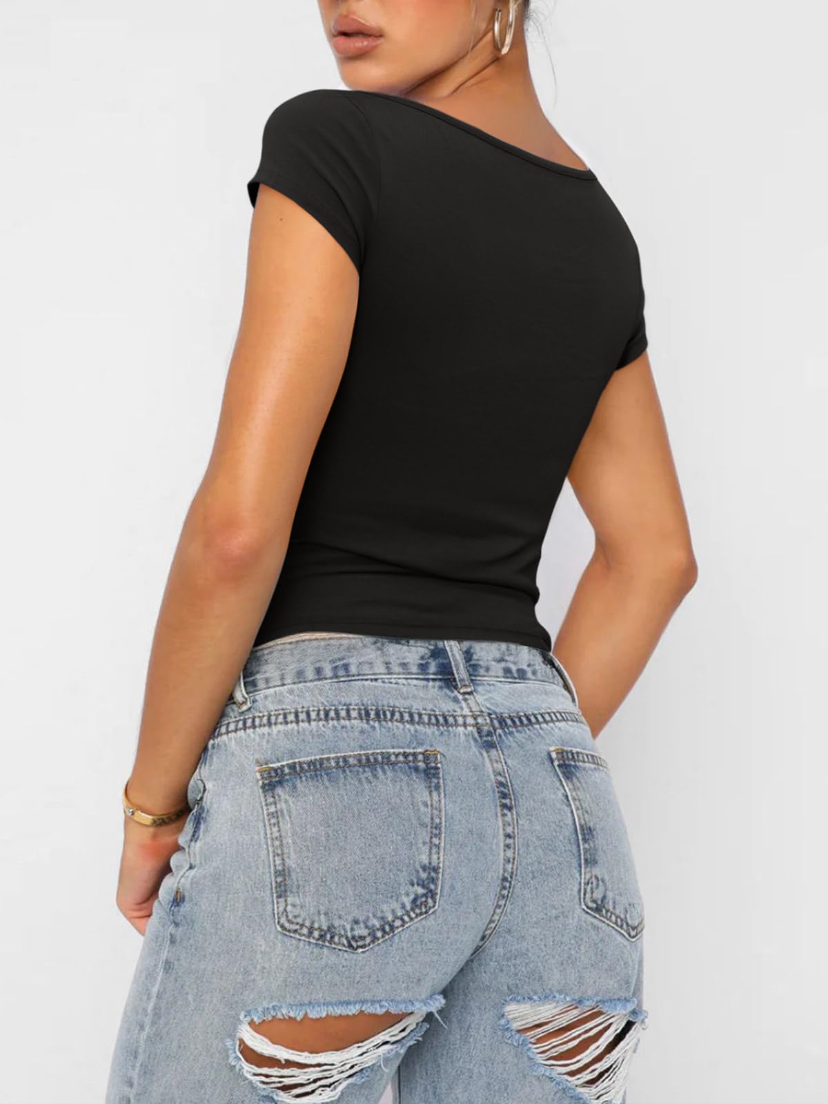 REORIA Women's Casual Boatneck Cap Sleeve Basic Tank Tops Cute Spring Summer Going Out Fashion Y2K Crop Tops Outfits (Black Medium)