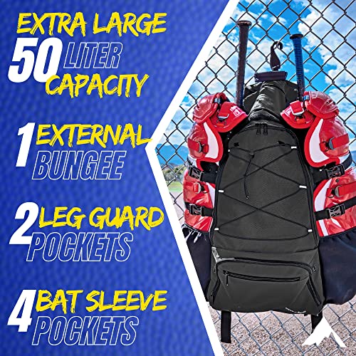 Athletico Dominator Baseball Backpack, Catchers Gear Adult Baseball Bag for 4 Bats, Large Bat Bag for Baseball Equipment, Holds Chest Protector, Helmet, Gloves, Cleats - Black