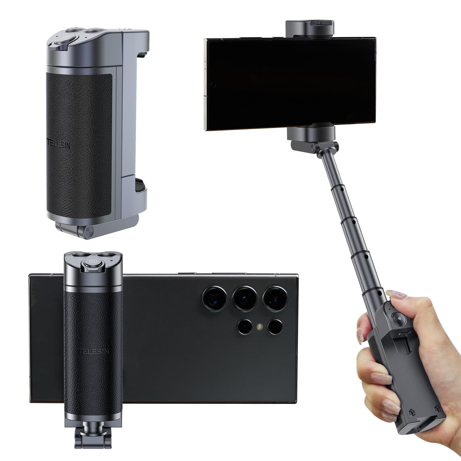 TELESIN° Universal Smartphone Camera Grip with Selfie Stick, Wireless Bluetooth Remote Control One-Handed Quick Zoom and Mode Switching Compatible with Samsung Android Phone Accessories