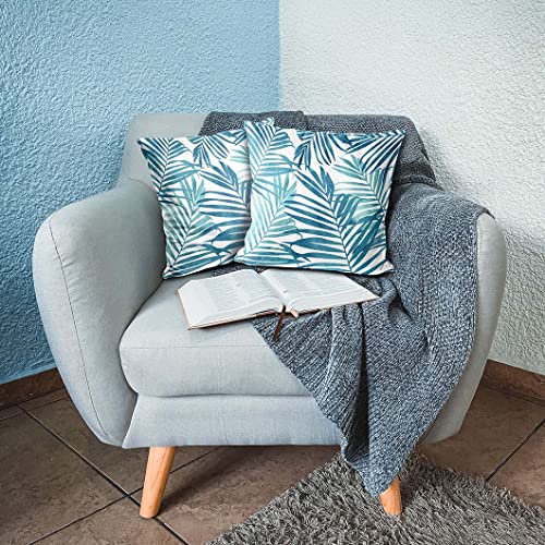 PANGHOUZ Blue Plant Leaf Decorative Throw Pillow Covers for Couch Bed Sofa Living Room Tropical Plants Leaves Square Cushion Cases Art Home Decor 18x18 inch Set of 2