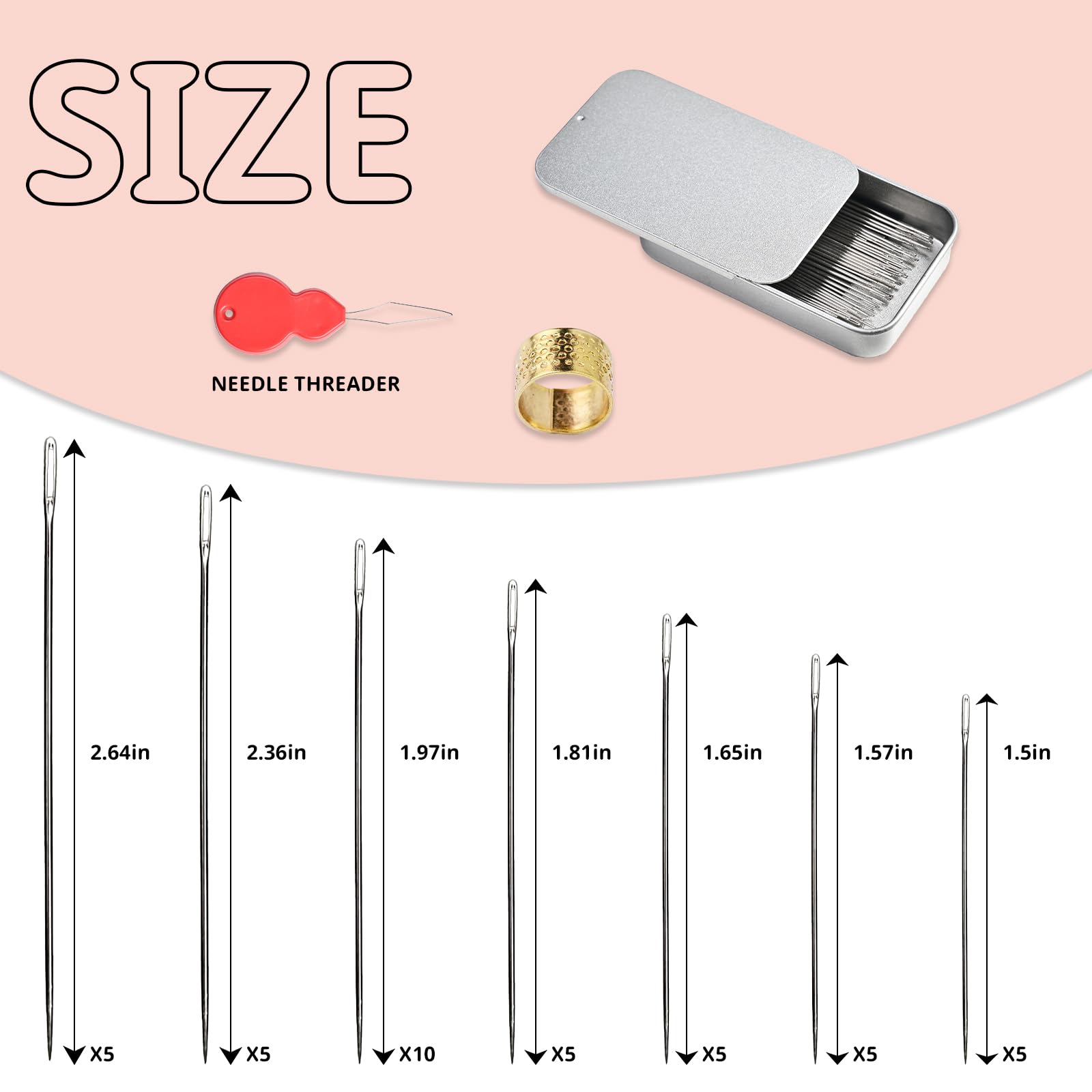 L'EclatDina 40PCS Sewing Needles Set, Large Eye for Hand Sewing, 7 Sizes Stainless Steel, with Threader & Magnetic Pin Cushion, for Embroidery & Crafts