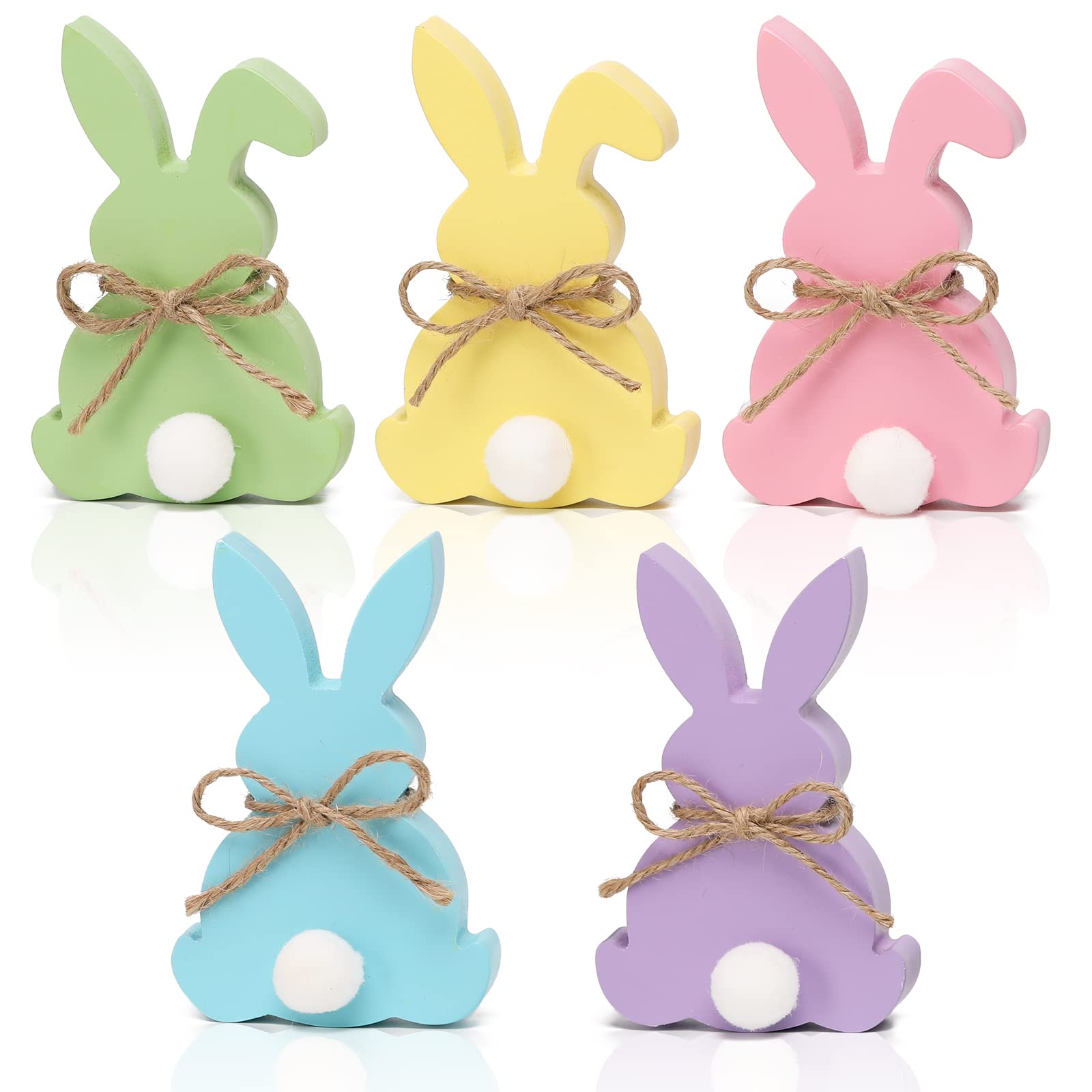 Easter Decorations, 5pcs Wooden Easter Bunny Table Sign with Jute Rope, Easter Wood Tiered Tray Decor Freestanding Easter Table Decorations