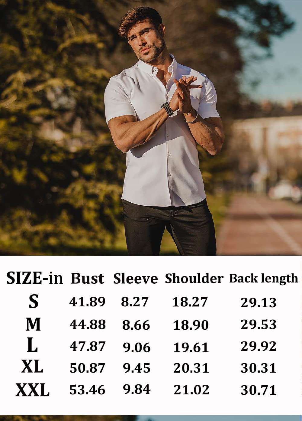 URRU Men's Muscle Dress Shirts Slim Fit Stretch Short Sleeve Casual Button Down Shirt White XL
