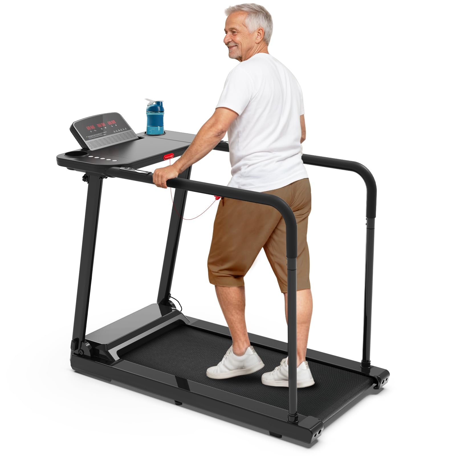 Redliro Treadmill for Seniors with Long Handrails - Recovery Machine for Walking 300 lbs Weight Capacity - Walking Treadmill Elderly with Desk & Cup Holder (Glossy Black)