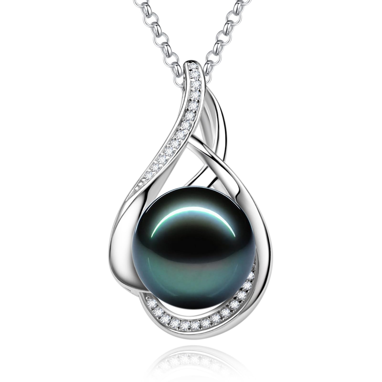 FANCIME Gift for Women Wife Natural Tahitian Pearl Necklace Sterling Silver Vahine Charm 10-12MM Black Pearl Luxury Jewelry Gift for Women, Mother, Wife, 16"+2" Adjustable