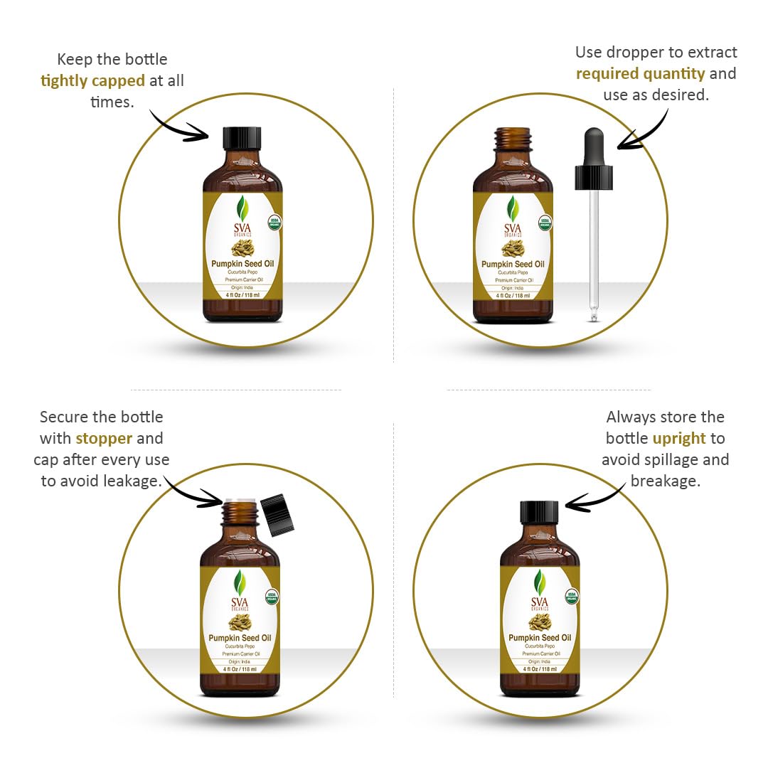 SVA Pumpkin Seed Oil Organic - 4 Fl Oz – 100% Natural Cold Pressed Organic Pumpkin Oil - for Face, Skin Care, Hair Care, Scalp Massage & Body Massage – Carrier Oil with Dropper