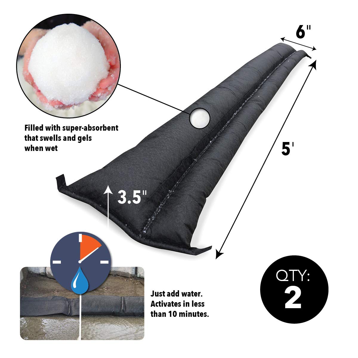 Quick Dam QD65-2 5' Barrier Water Flood Dam Bags, 2 Pack, Black