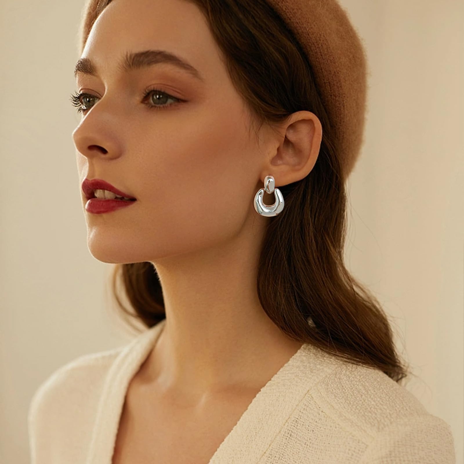 Silver Dangle Earrings for Women Statement Chunky Small Cut Design Silver Drop Earrings Door Knock Shape Dangling Earrings for Women