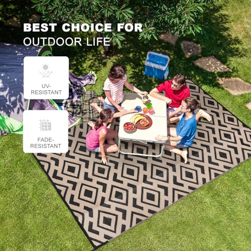 wikiwiki Outdoor Rug, 5x8ft Waterproof Reversible Mat Indoor Outdoor Rugs Carpet, Small Area Rug Plastic Straw Rug for Patio Deck Balcony Pool RV Camping Beach Picnic, Black & Beige