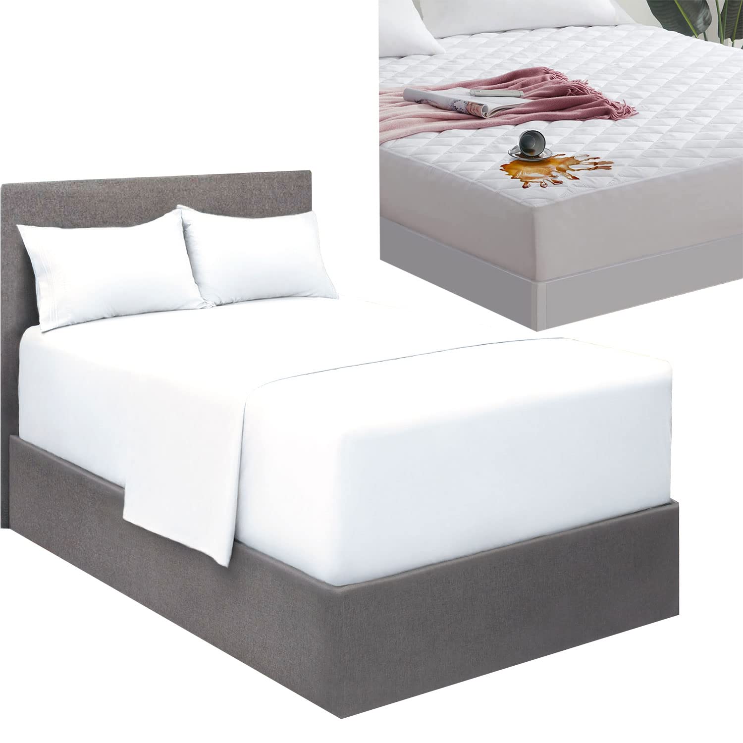 Mellanni Extra Deep Pocket Sheet Set + Waterproof Mattress Pad Bundle - King, White