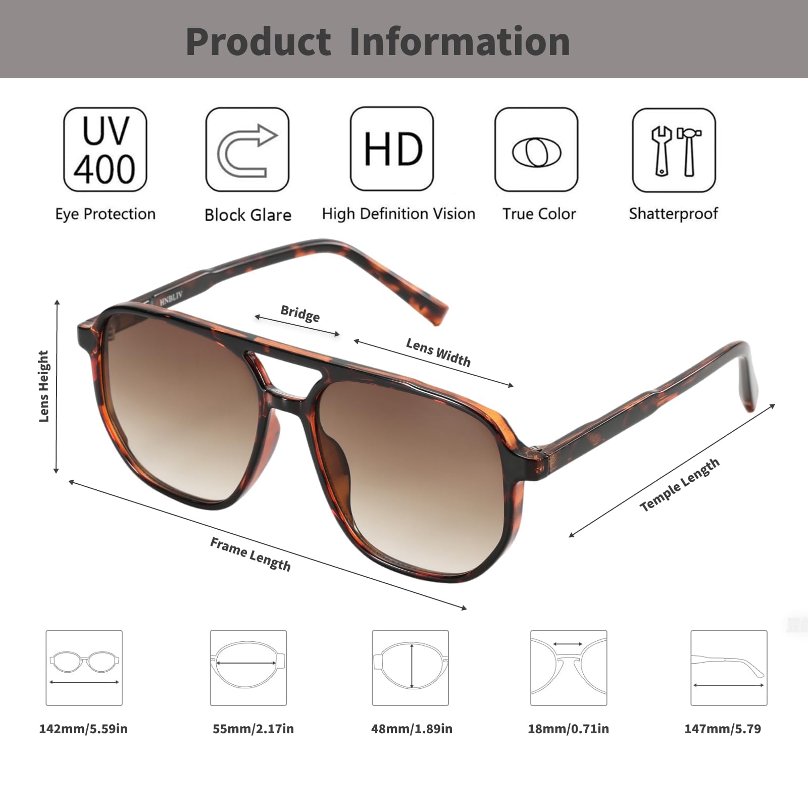 hnbliv Retro Aviator Sunglasses for Women & Men Lightweight Square Shade UV400 Protection Unisex Sun Glasses