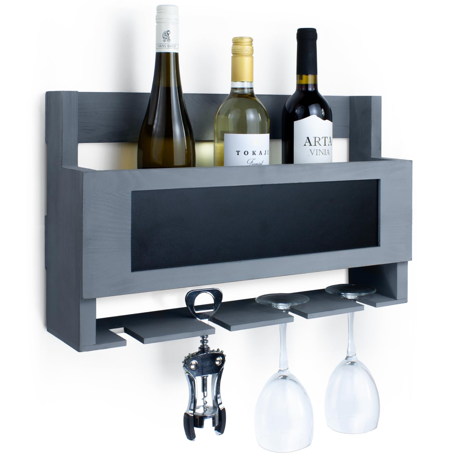 Wooden Wine Bottle Rack Wall Mounted with Glass Holder and Chalk Board - Liquor and Whiskey Shelf - Home Bar Shelves for Wall - Modern Kitchen Farmhouse Decor