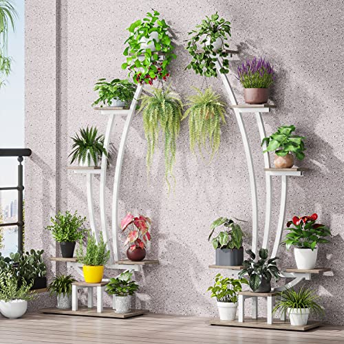 Tribesigns 6-Tier Tall Indoor Plant Stand Pack of 2, Metal Curved Display Shelf with 2 Hanging Hooks, Multi-Purpose Bonsai Flower Pots Plant Rack for Indoor, Garden, Balcony, Living Room