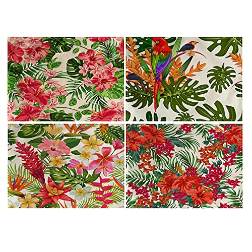 Tropical Leaves Table Mats Set of 4 Parrot &Red Flower &Monstera Palm Patter Placemats Waterproof Heat Resistant Washable Non-Slip Place Mats for Dinner Room Kitchen Decor Table 12”×16” (Red)