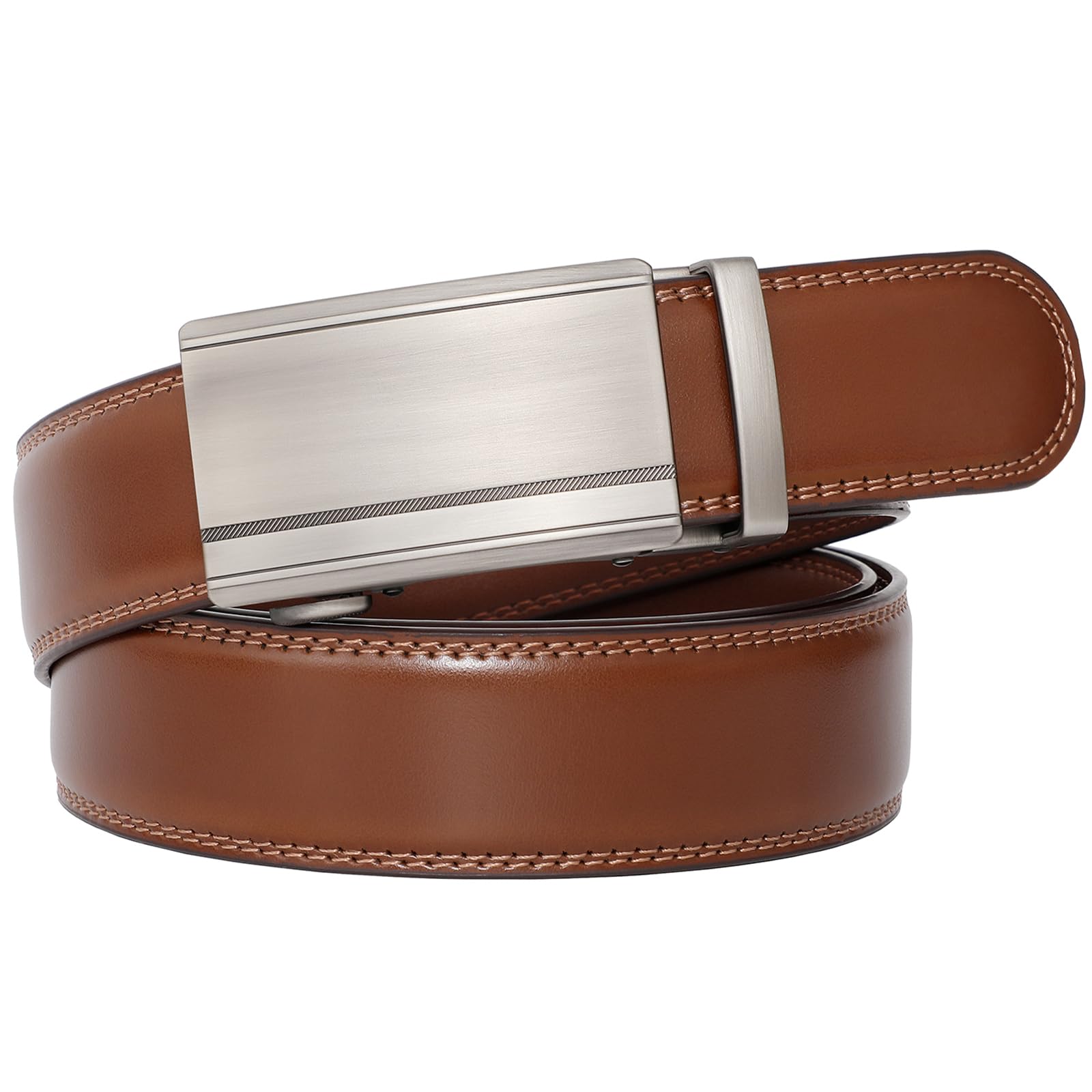 SANSTHS Men's Belts Leather Ratchet, Brown Dress Belts for Men with Adjustable Slide Buckle Christmas Gift Belt for Him