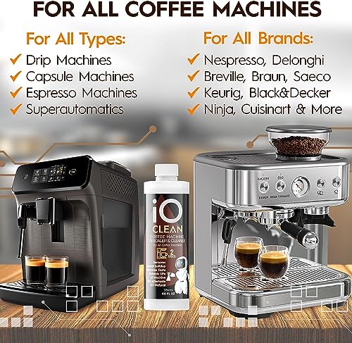 iO CLEAN Descaling Solution for All Coffee Machines – 16oz - 4 Uses – Cleaner & Descaler for Keurig, DeLonghi, Nespresso, Breville, Gaggia, Philips Saeco and Other Makers – Remove Buildup of Minerals