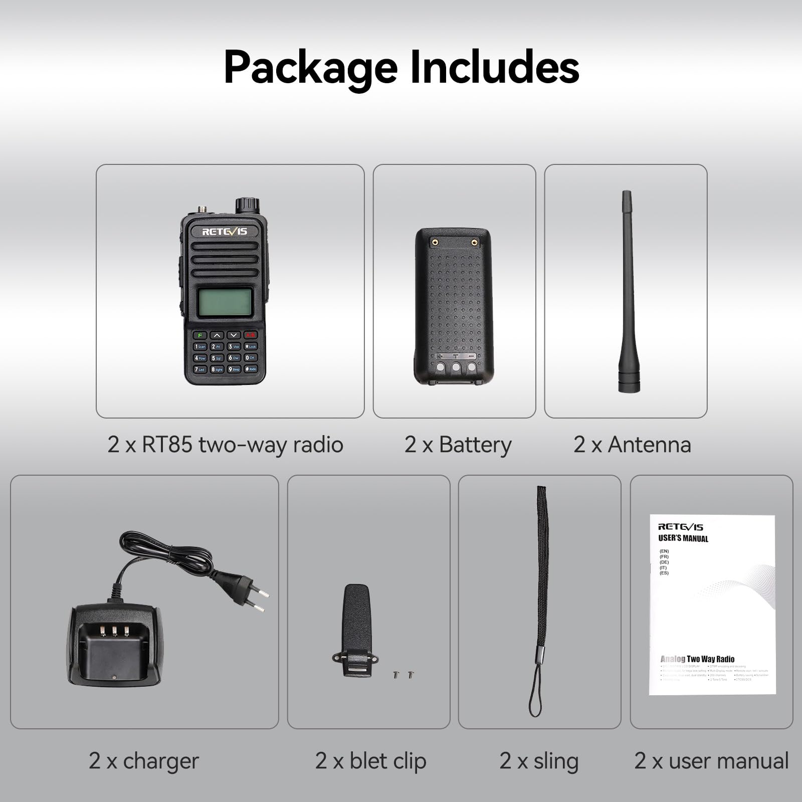 Retevis RT85 Ham Radios Long Range,Rechargeable Walkie Talkies,High Power,Built in VFO,DTMF,VOX,Emergency Alarm,Flashlight,Dual Band Radio for Family Survival Gear Camping Hunting (2 Pack)