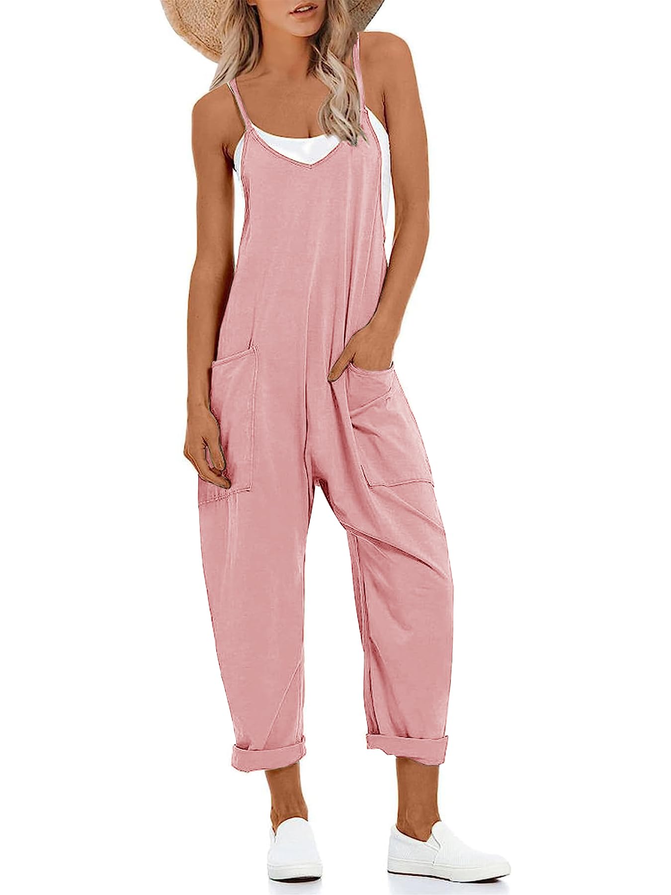 Muchpow Women's V Neck Sleeveless Jumpsuits Spaghetti Straps Harem Long Pants Overalls With Pockets (Pink,Large)