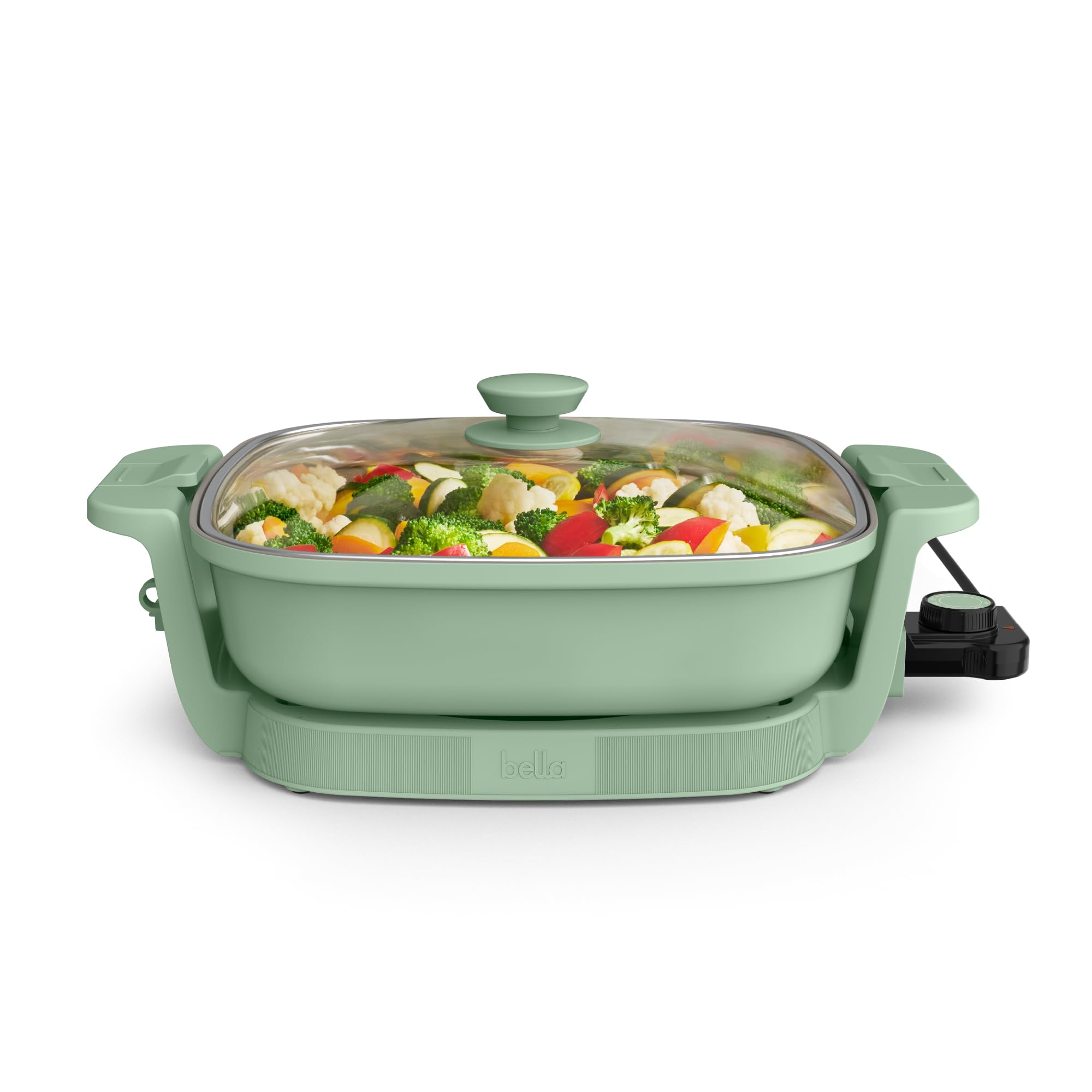 bella Make & Take Electric Skillet, Fits-anywhereâ„¢ kitchenware, EverGoodâ„¢ Ceramic Coating, Adjustable Temperature & Dishwasher-Safe Tempered Glass Lid, Cast Aluminum Base, 1200 Watt, Seaglass