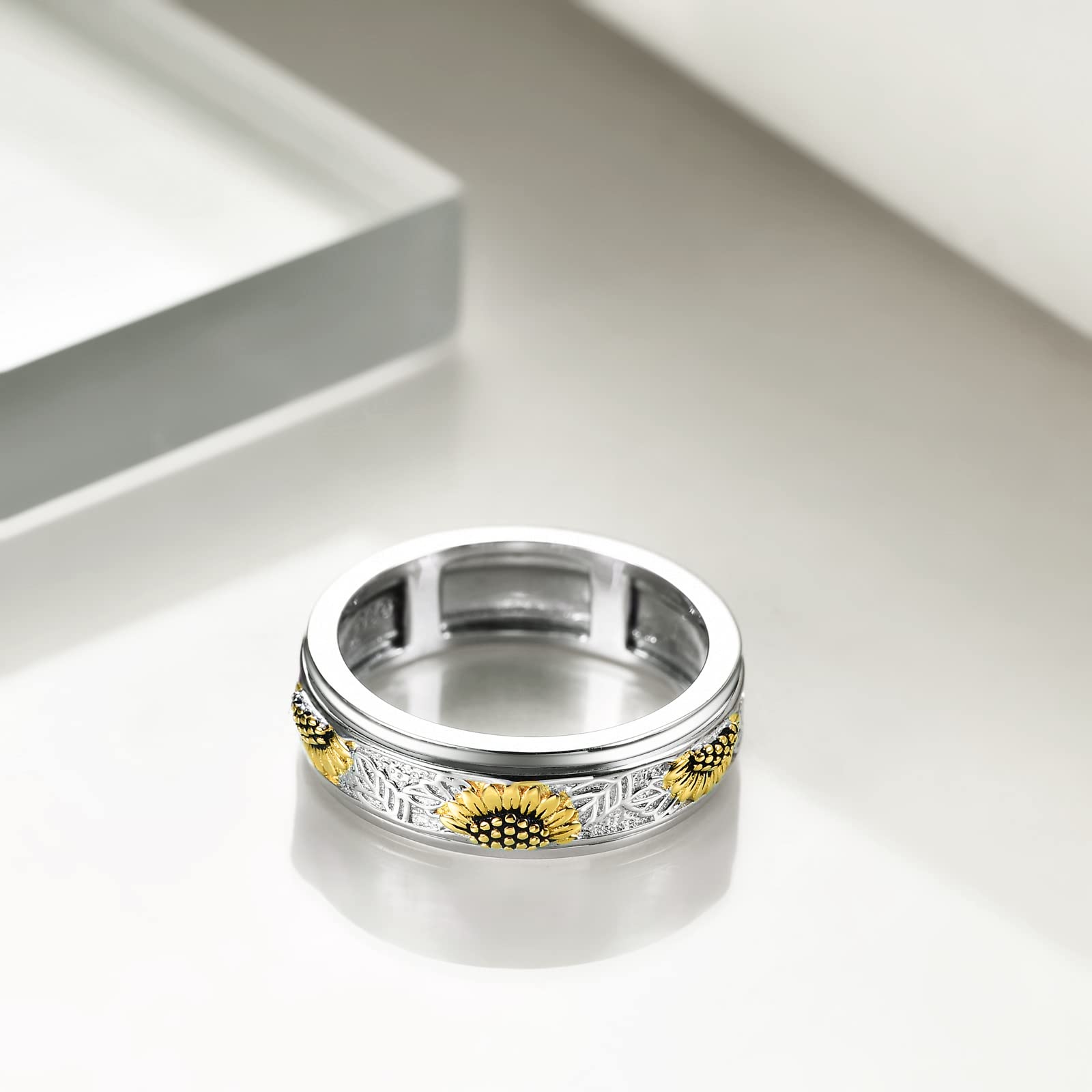POPLYKE Sterling Silver Sunflower Flower Anxiety Spinner Rings Rotatable Mood Rings for Women Men Relieve Stress Gift(6 Size)