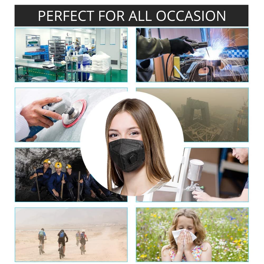 Face mask black disposable with breathing-valve 10 pack | black face masks for men and woman 5 layer | disposable face mask for protection | breathable sport face mask lightweight comfortable on skin