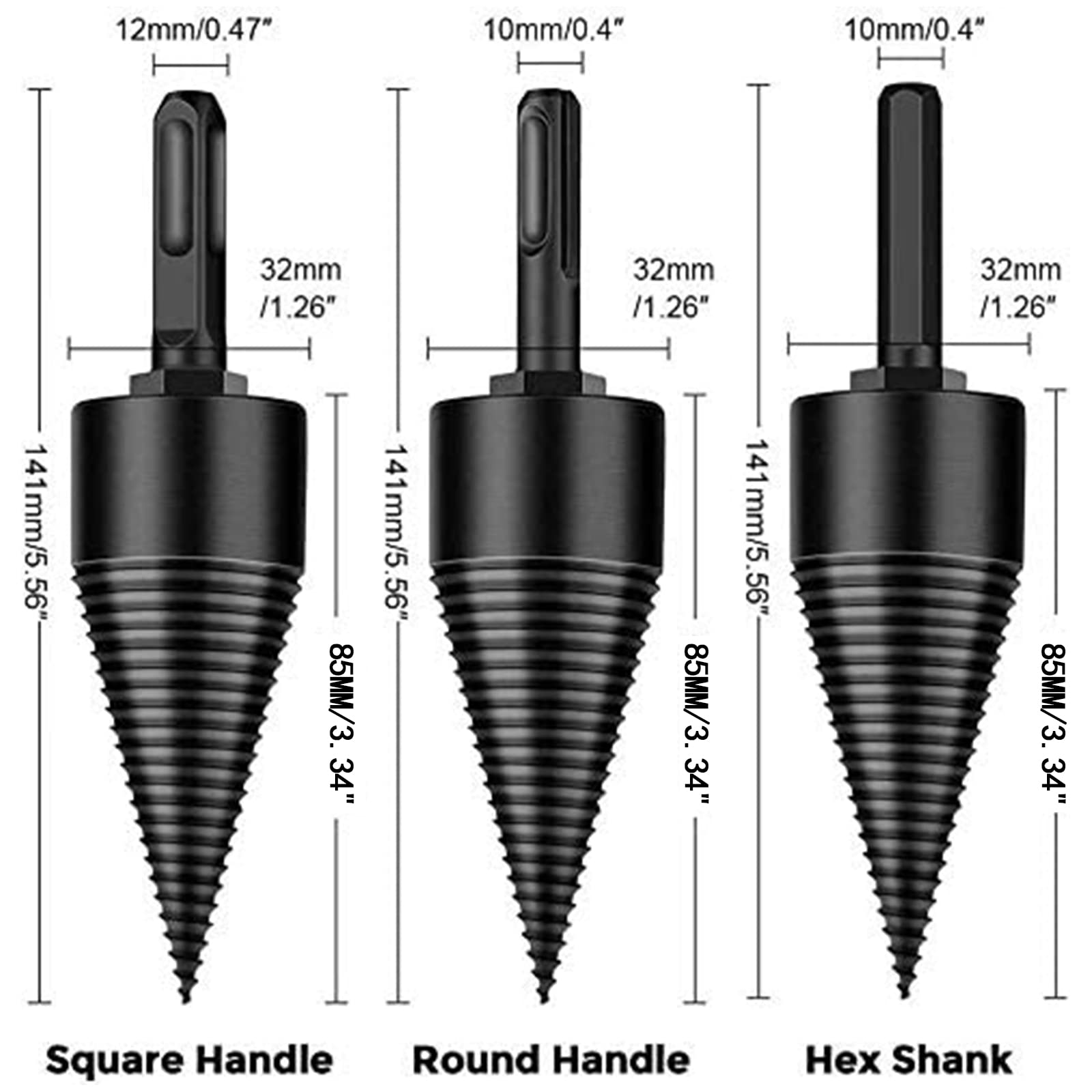 Firewood Log Splitter, 3pcs Drill Bit Removable Cones Kindling Wood Splitting logs bits Heavy Duty Electric Drills Screw Cone Driver Hex + Square + Round 32mm/1.26inch, Black 32MM