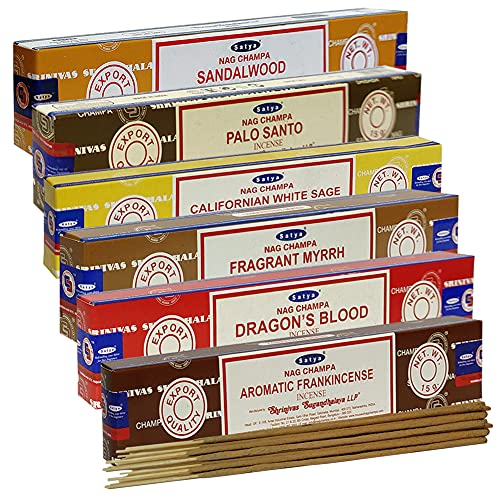 Satya Incense Sticks Variety Pack #10 and Holder Bundle with 6 Classic Fragrances Sandalwood Dragon's Blood Palo Santo White Sage