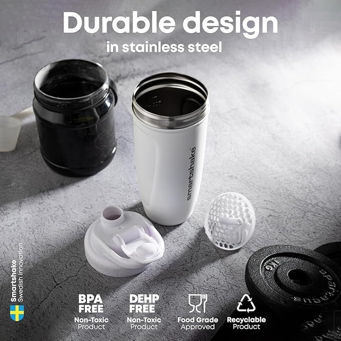 Smartshake Stainless Steel Protein Shaker Bottle for Protein Mixes 2 Pack, 30 oz | Leak Proof Shaker Cups for Protein Shakes | Blender Bottle Shaker | Protein Shaker Pack, Non-Insulated, Black & White