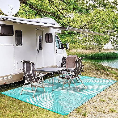 GENIMO Outdoor Rug 4' x 6' Waterproof for Patios Clearance, Reversible Outdoor Plastic Straw Camping Rug Carpet, Large Area Rugs Mats for RV, Camper, Deck, Balcony, Porch, Beach, Navy Blue&White