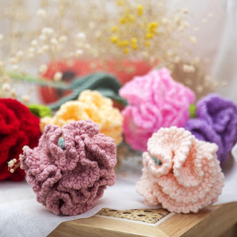 HIPIHOM Crochet Flowers,1 Pcs Knitted Artificial Wool Carnation for Mother's Day Wedding Bouquet Anniversary (Blue)