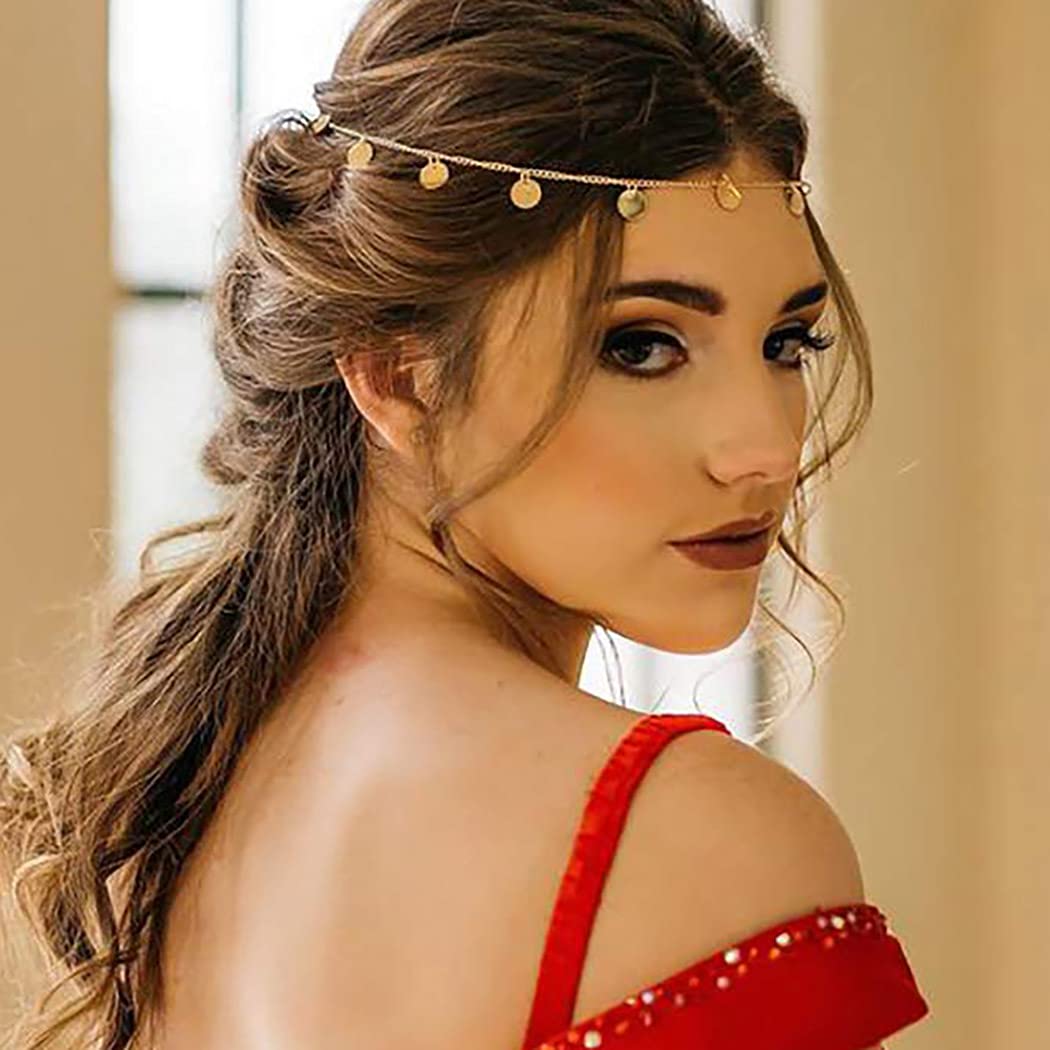 A&c Boho Coin Hair Chain Gold Tassel Pendant Headchain Egyptian Headpiece Festival Wedding Prom Party Opera Dinner Tea Parties for Women and Girls