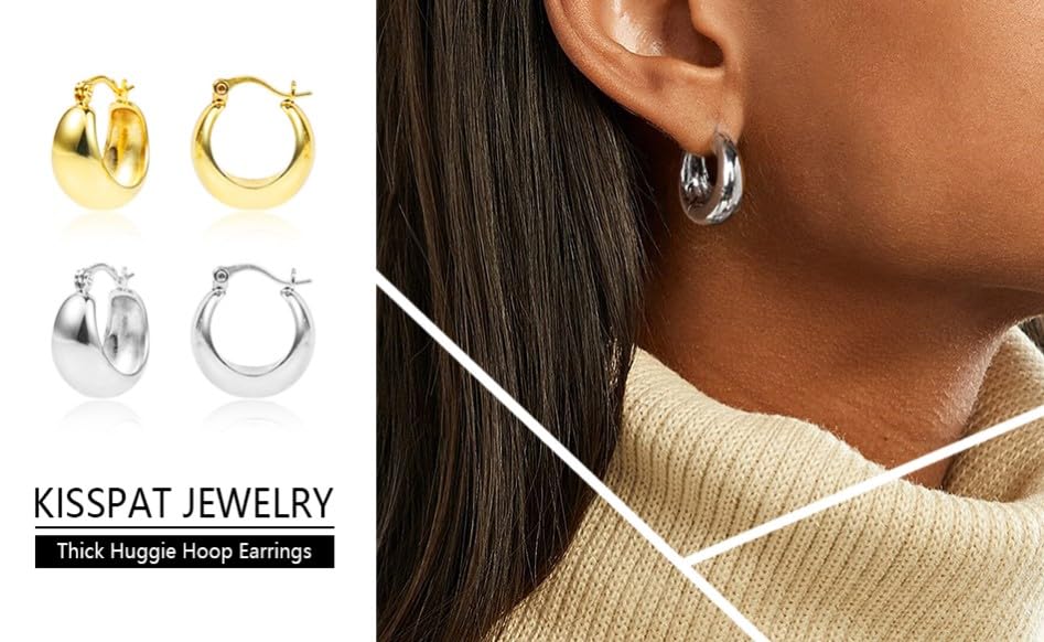 KISSPAT Chunky Silver Huggie Hoop Earrings for Women Girls | Hypoallergenic Sterling Silver Post Small Thick Huggie Earring Hoops